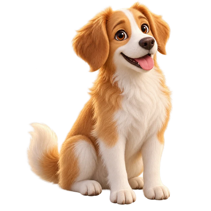 A friendly golden-and-white puppy from House Animals.
